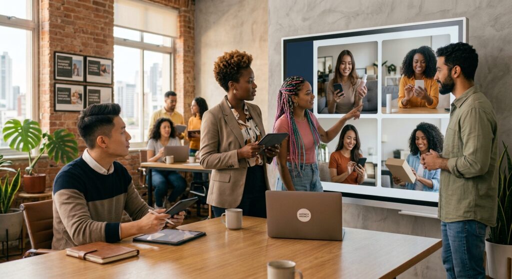 Equipe de marketing reunida em um escritório moderno apresentando uma estratégia de conteúdo híbrida. Uma mulher com tranças coloridas aponta para uma tela grande dividida em quatro quadros, mostrando criadoras de conteúdo UGC (User Generated Content) testando produtos e gravando vídeos em seus celulares. Ao redor da mesa, colegas acompanham a reunião com tablets e notebooks, enquanto um homem em pé compartilha suas ideias com o grupo. Ao fundo, um ambiente iluminado por grandes janelas, paredes de tijolos expostos e plantas decorativas.