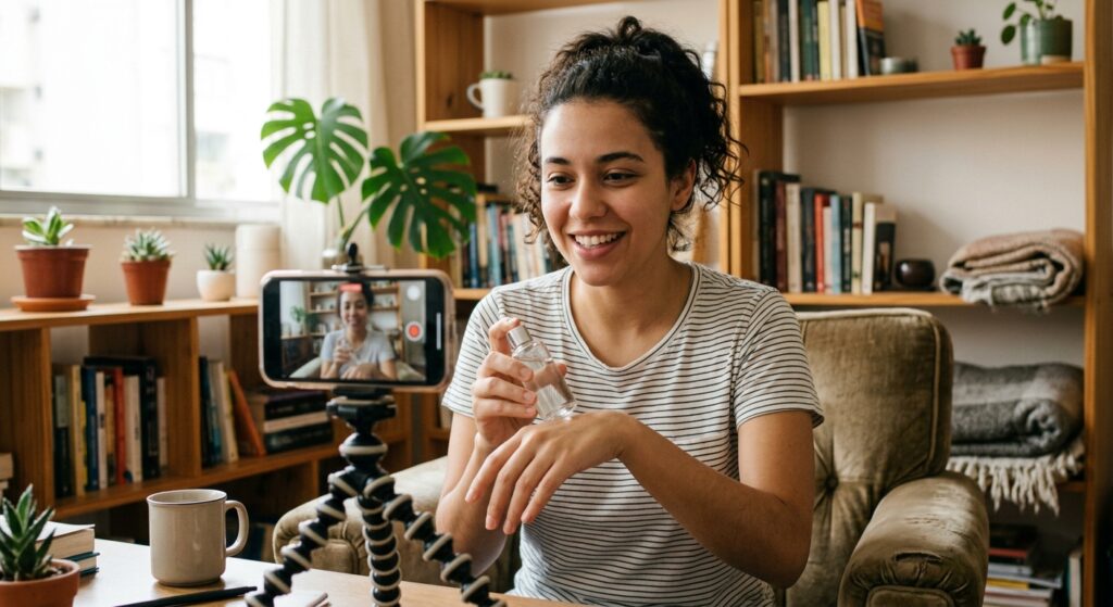 Criadora de conteúdo UGC em seu escritório ou sala de casa gravando um vídeo para celular apoiado em um mini tripé. A mulher, com cabelos cacheados presos e camiseta listrada, sorri enquanto segura um frasco transparente e aplica um produto líquido na pele da mão. Ao fundo, uma estante de madeira com livros, plantas e objetos decorativos cria um ambiente acolhedor e bem iluminado.
