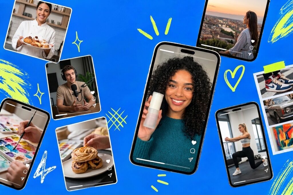 Uma colagem vibrante com conteúdos UGC em fundo azul royal com vários smartphones e cartões de mídia flutuantes. O smartphone central exibe uma mulher sorridente segurando um frasco de produto cosmético. Outras telas mostram um chef de cozinha, um podcaster, uma pessoa pintando e uma pessoa fazendo exercícios, além de esboços neon de estrelas e corações.