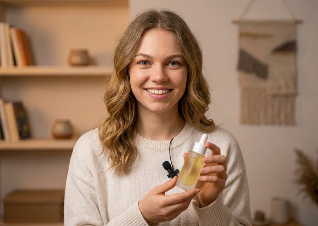 Criadora de conteúdo sorrindo para a câmera enquanto apresenta um frasco de sérum facial, em um ambiente aconchegante e bem iluminado, com prateleiras e objetos decorativos ao fundo.